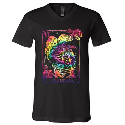The Lovers Tarot Card Goth Tie Dye Kissing Lesbian Skeletons V-Neck T-Shirt