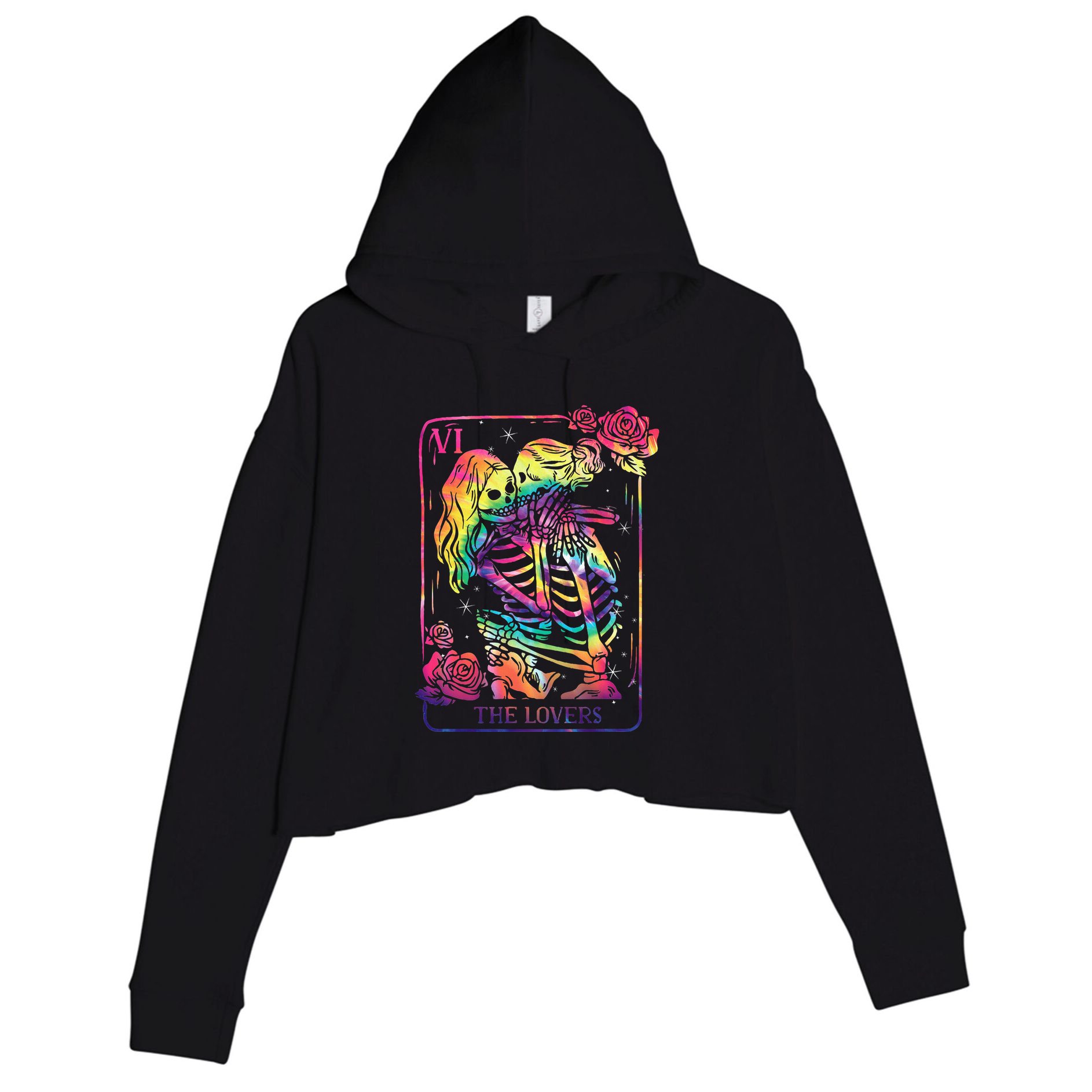 The Lovers Tarot Card Goth Tie Dye Kissing Lesbian Skeletons Crop Fleece Hoodie