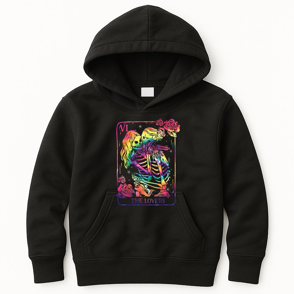 The Lovers Tarot Card Goth Tie Dye Kissing Lesbian Skeletons Kids Hoodie