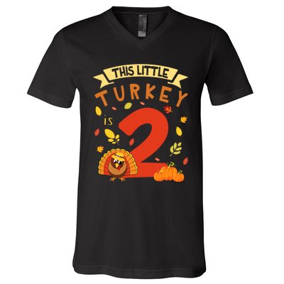 This Little Turkey Is 2 Years Happy Birthday Thanksgiving V-Neck T-Shirt