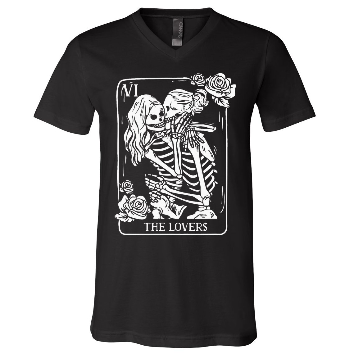 The Lovers Tarot Card Occult Goth Kissing Lesbian Skeleton V-Neck T-Shirt
