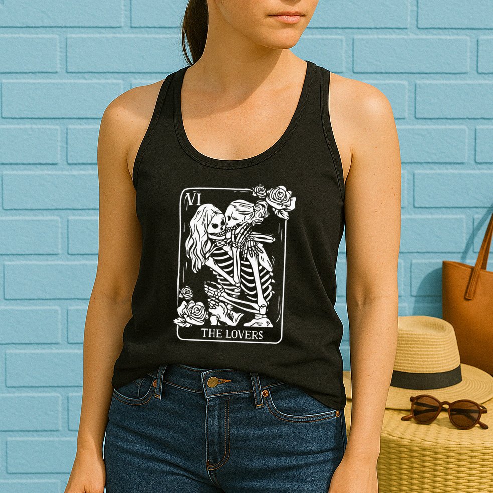 The Lovers Tarot Card Occult Goth Kissing Lesbian Skeleton Womens Tank Top
