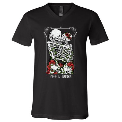 The Lovers Vintage Tarot Card Occult Skeletons Supernatural V-Neck T-Shirt