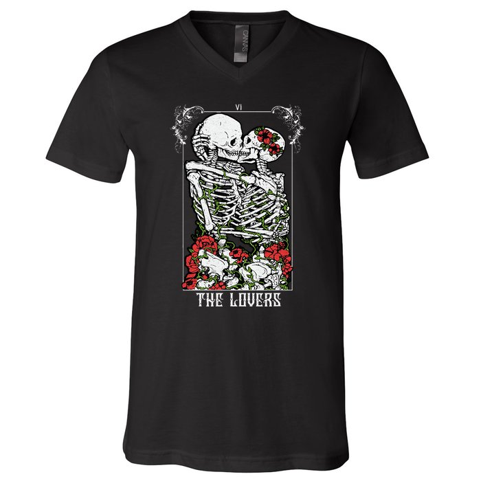 The Lovers Vintage Tarot Card Occult Skeletons Supernatural V-Neck T-Shirt