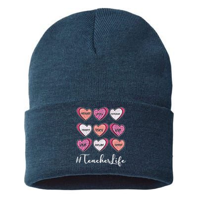 Teachers Life Valentines Day Heart Candy Sustainable Knit Beanie