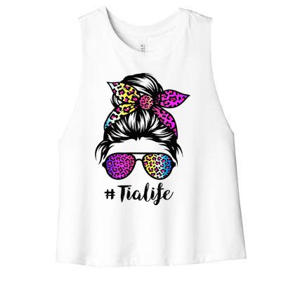 Tia life with Rainbow Leopard Messy Bun Mother's Day Women's Racerback Cropped Tank