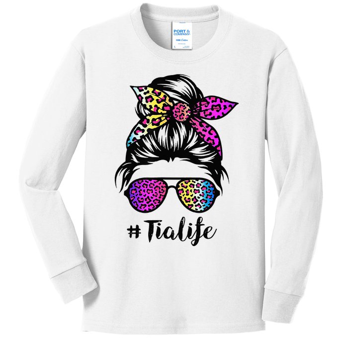 Tia life with Rainbow Leopard Messy Bun Mother's Day Kids Long Sleeve Shirt