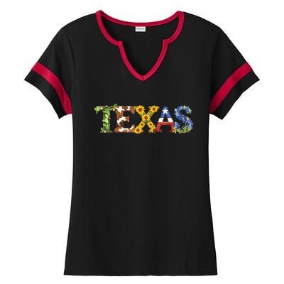 Texasthemed Letters With Cactus Sunflowers & Bluebonnets Ladies Halftime Notch Neck Tee