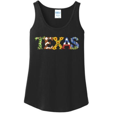 Texasthemed Letters With Cactus Sunflowers & Bluebonnets Ladies Essential Tank