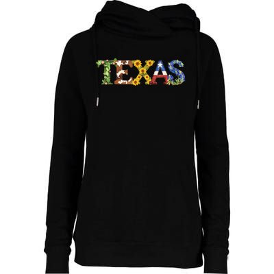 Texasthemed Letters With Cactus Sunflowers & Bluebonnets Womens Funnel Neck Pullover Hood