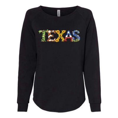 Texasthemed Letters With Cactus Sunflowers & Bluebonnets Womens California Wash Sweatshirt