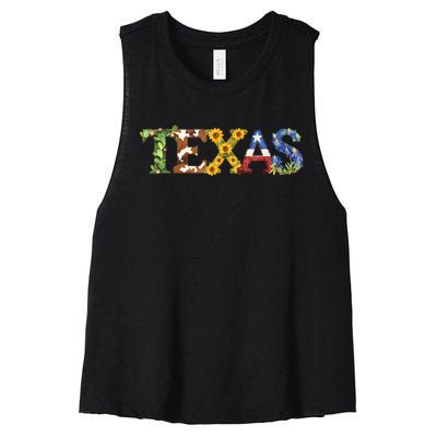 Texasthemed Letters With Cactus Sunflowers & Bluebonnets Women's Racerback Cropped Tank