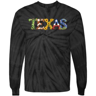 Texasthemed Letters With Cactus Sunflowers & Bluebonnets Tie-Dye Long Sleeve Shirt