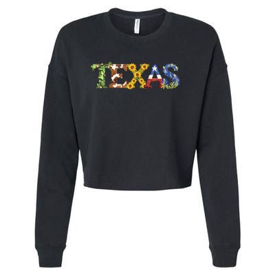 Texasthemed Letters With Cactus Sunflowers & Bluebonnets Cropped Pullover Crew