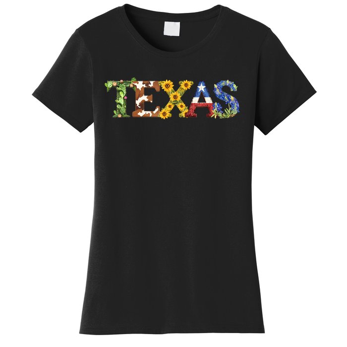 Texasthemed Letters With Cactus Sunflowers & Bluebonnets Women's T-Shirt