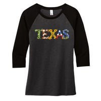 Texasthemed Letters With Cactus Sunflowers & Bluebonnets Women's Tri-Blend 3/4-Sleeve Raglan Shirt