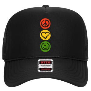 Traffic Light With Peace Love And Happiness Signs High Crown Mesh Back Trucker Hat