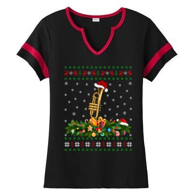 Trumpet Lover Xmas Santa Hat Ugly Trumpet Christmas Funny Gift Ladies Halftime Notch Neck Tee