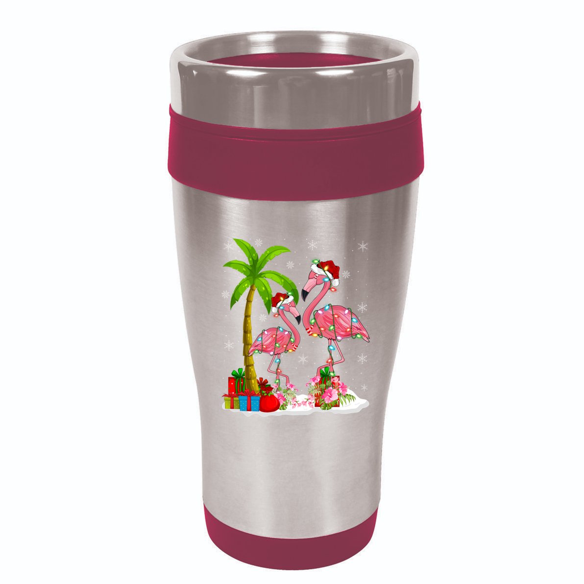 Tropical Lighting Xmas Palm Tree Pink Flamingo Christmas Gift 7 Panel Mesh Trucker Snapback Hat