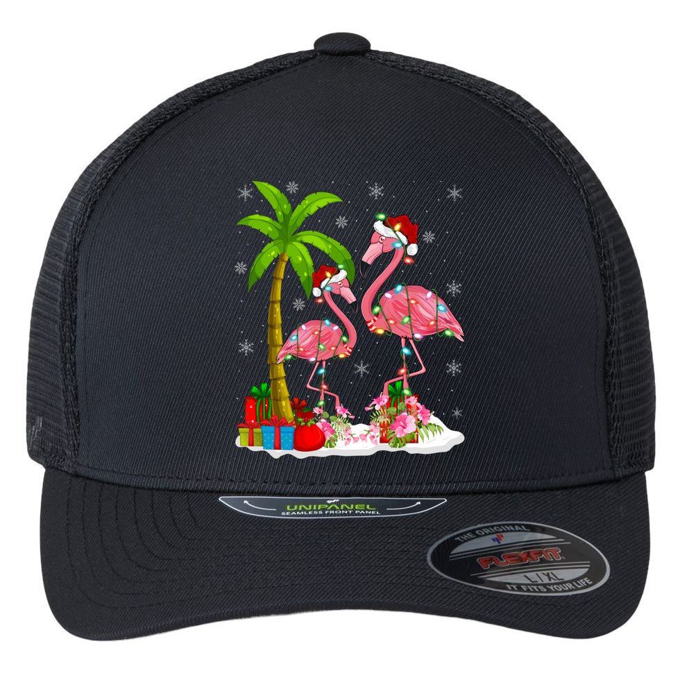 Tropical Lighting Xmas Palm Tree Pink Flamingo Christmas Gift Flexfit Unipanel Trucker Cap