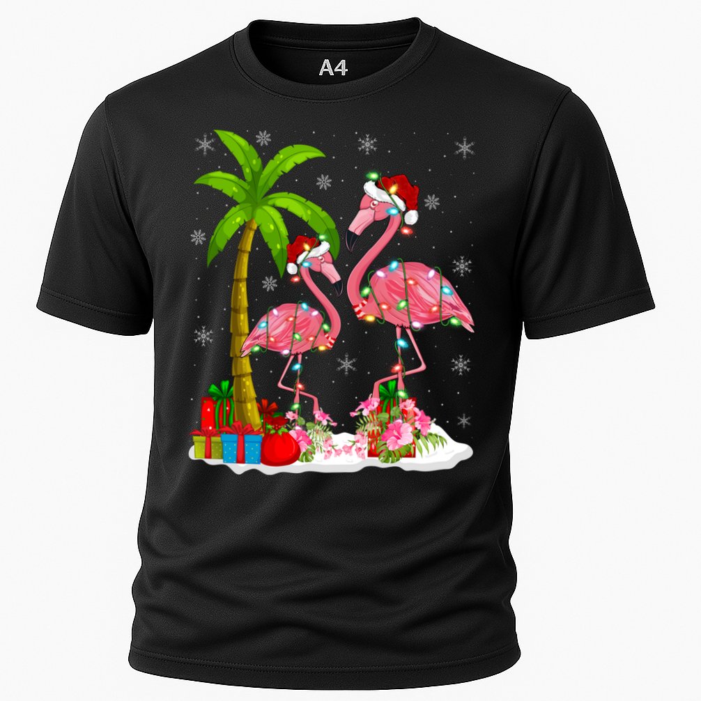 Tropical Lighting Xmas Palm Tree Pink Flamingo Christmas Gift Cooling Performance Crew T-Shirt