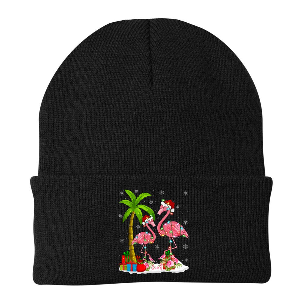 Tropical Lighting Xmas Palm Tree Pink Flamingo Christmas Gift Beanie