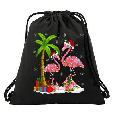 Tropical Lighting Xmas Palm Tree Pink Flamingo Christmas Gift Drawstring Bag