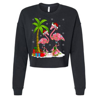 Tropical Lighting Xmas Palm Tree Pink Flamingo Christmas Gift Cropped Pullover Crew