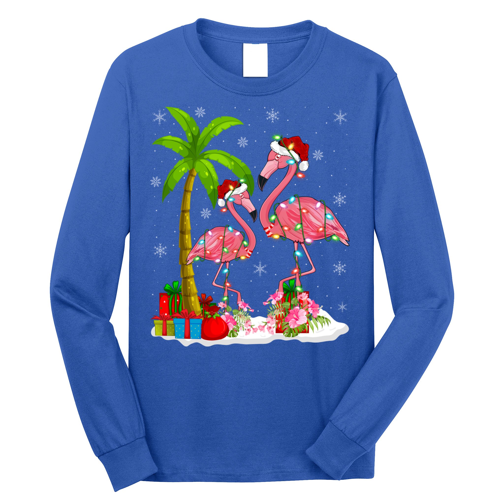 Tropical Lighting Xmas Palm Tree Pink Flamingo Christmas Gift Long Sleeve Shirt