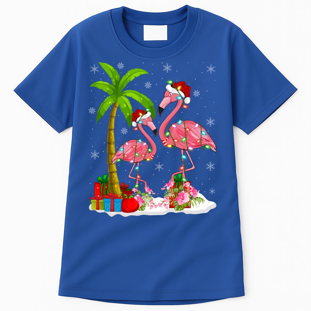 Tropical Lighting Xmas Palm Tree Pink Flamingo Christmas Gift Tall T-Shirt