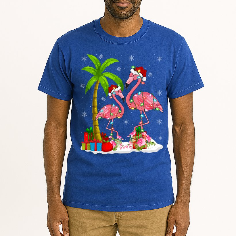 Tropical Lighting Xmas Palm Tree Pink Flamingo Christmas Gift Tall T-Shirt