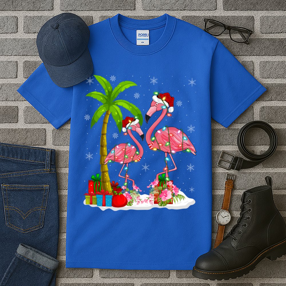 Tropical Lighting Xmas Palm Tree Pink Flamingo Christmas Gift Tall T-Shirt