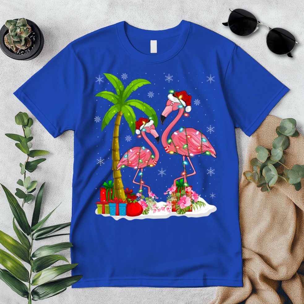 Tropical Lighting Xmas Palm Tree Pink Flamingo Christmas Gift Premium T-Shirt
