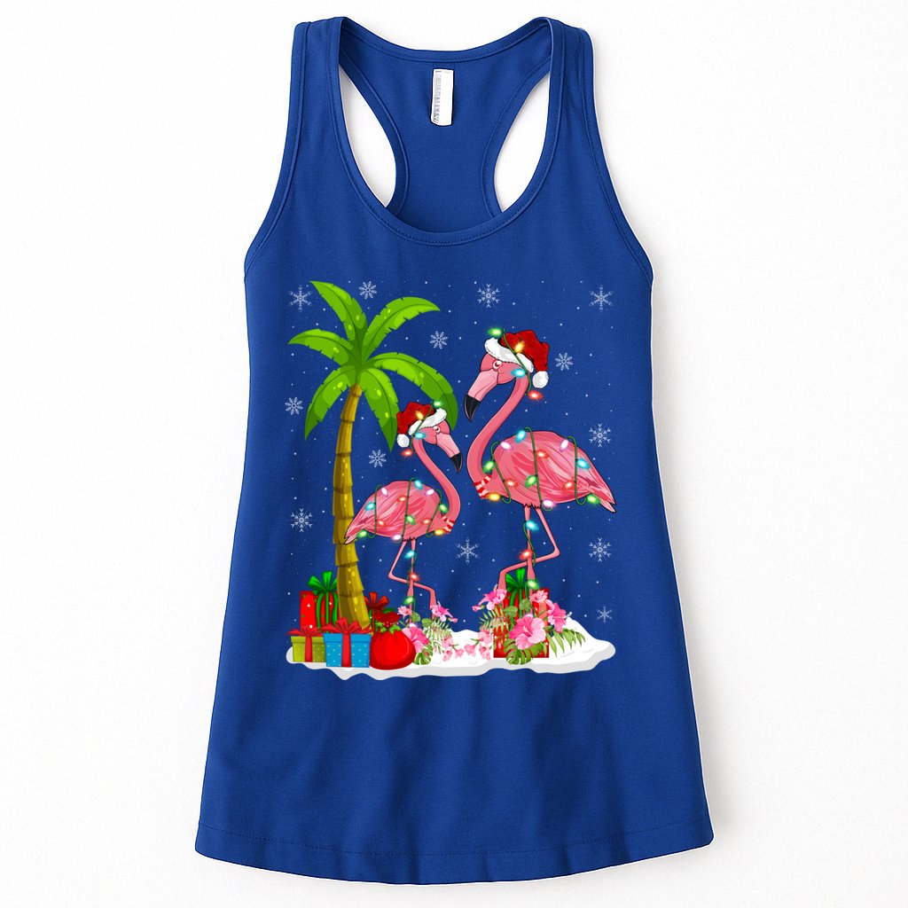 Tropical Lighting Xmas Palm Tree Pink Flamingo Christmas Gift Womens Tank Top