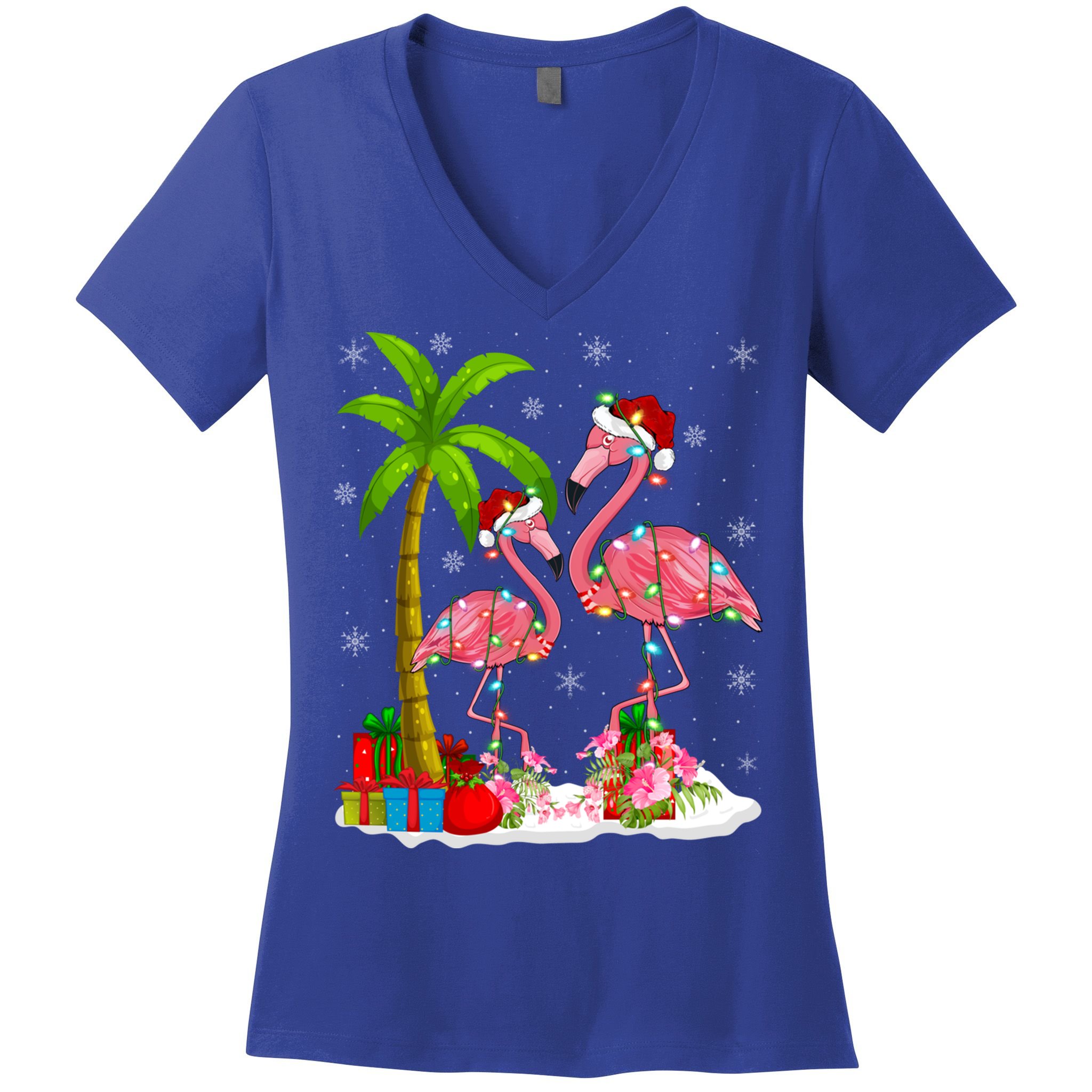 Tropical Lighting Xmas Palm Tree Pink Flamingo Christmas Gift Women's V-Neck T-Shirt