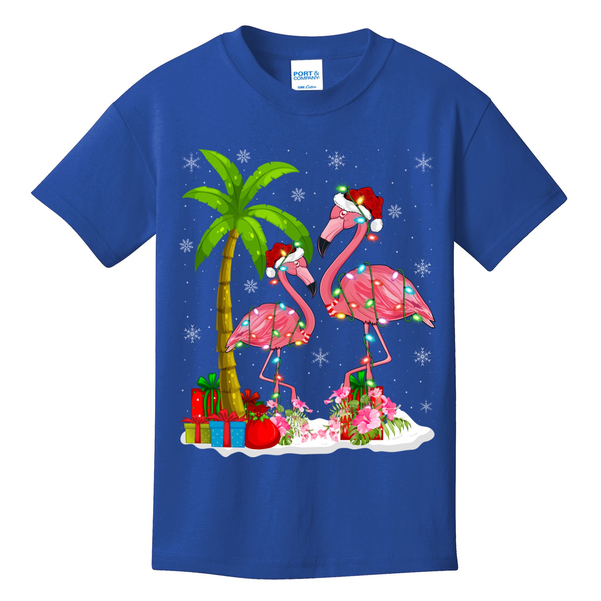 Tropical Lighting Xmas Palm Tree Pink Flamingo Christmas Gift Kids T-Shirt