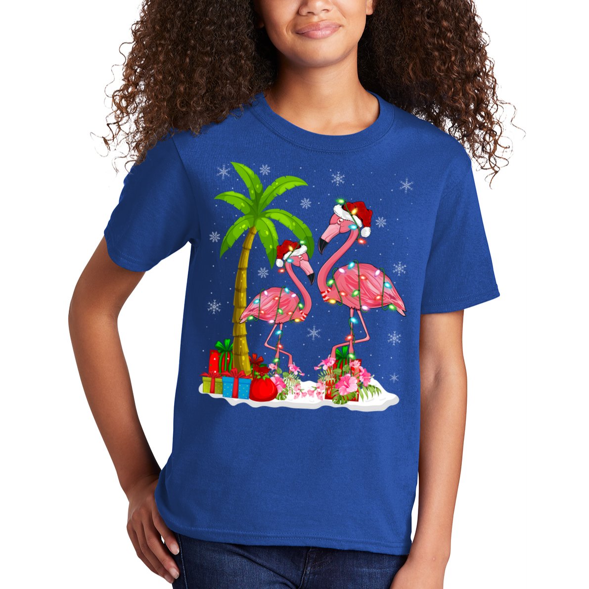 Tropical Lighting Xmas Palm Tree Pink Flamingo Christmas Gift Kids T-Shirt