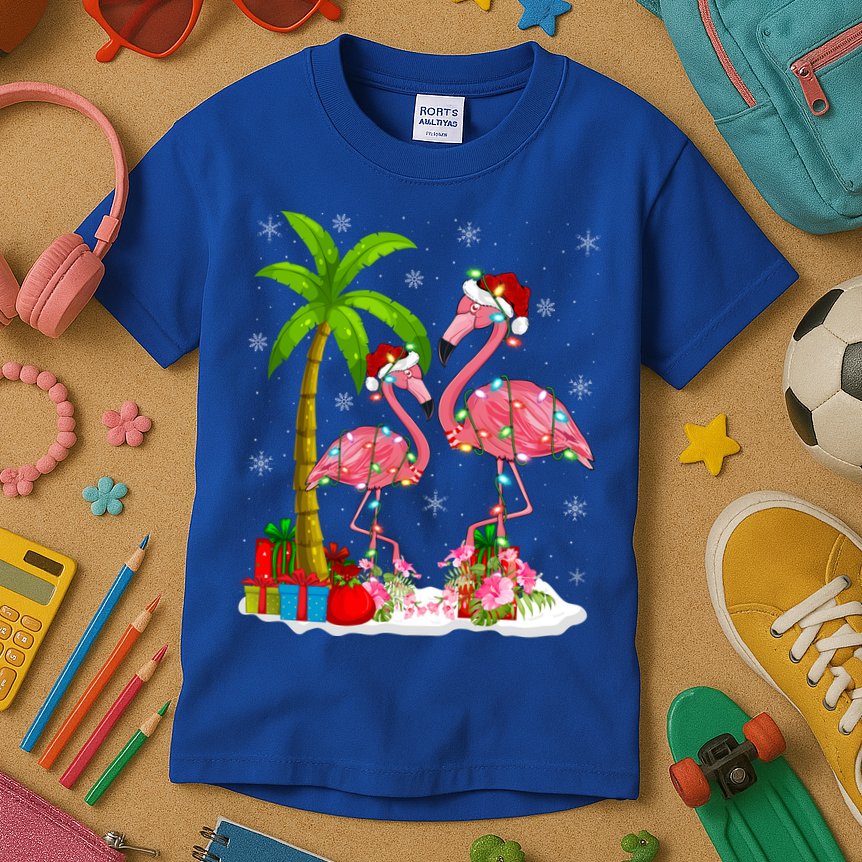 Tropical Lighting Xmas Palm Tree Pink Flamingo Christmas Gift Kids T-Shirt