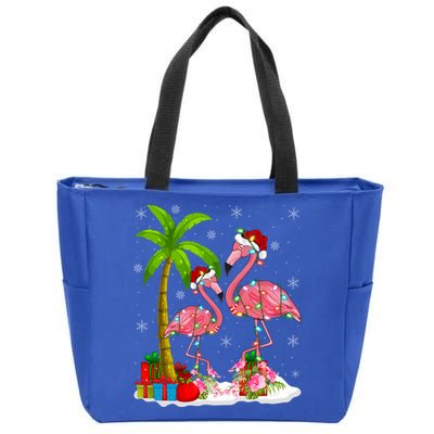 Tropical Lighting Xmas Palm Tree Pink Flamingo Christmas Gift Zip Tote Bag