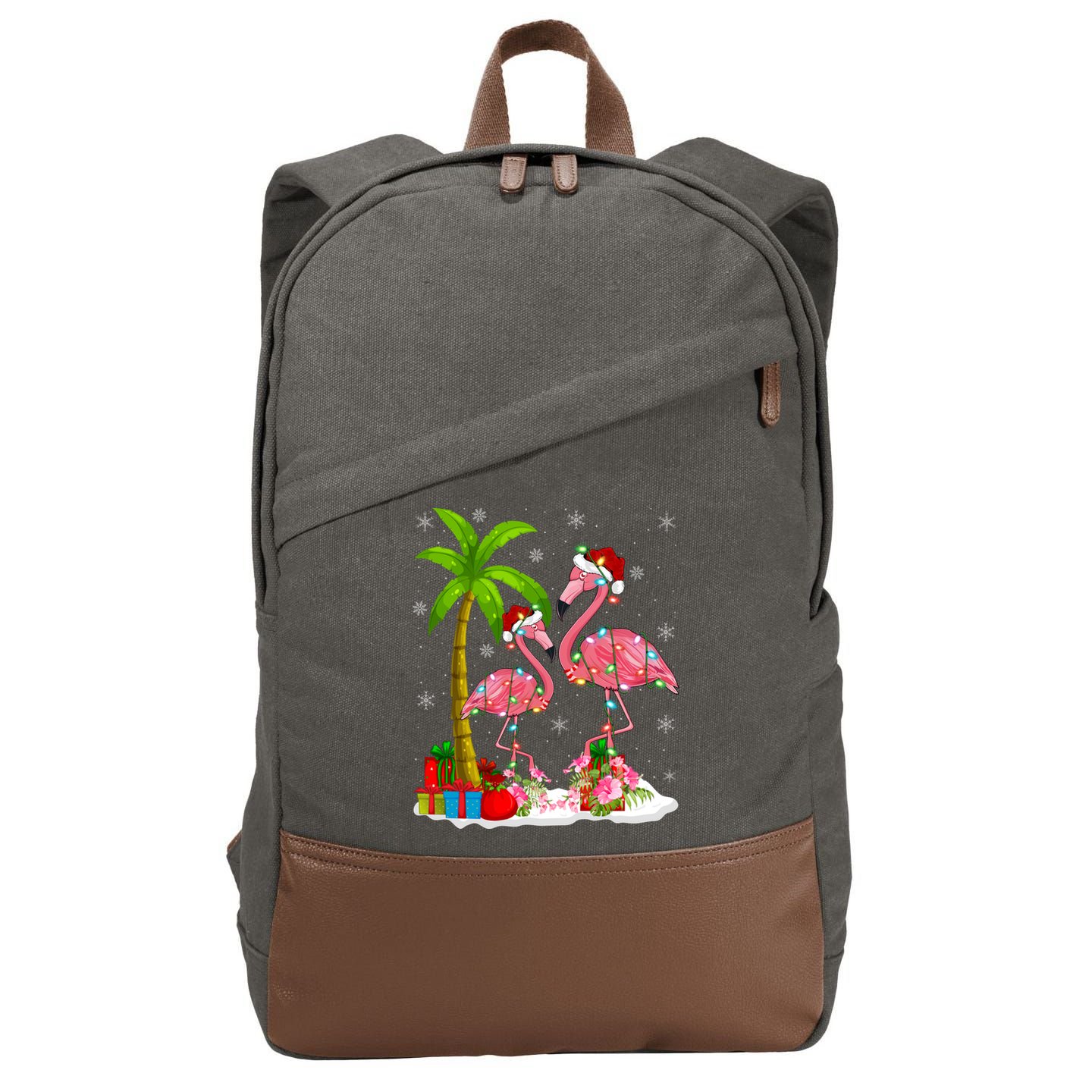 Tropical Lighting Xmas Palm Tree Pink Flamingo Christmas Gift Cotton Canvas Backpack