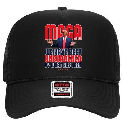 Trump Maga 2024 47th President Unburdened Meme Design High Crown Mesh Back Trucker Hat