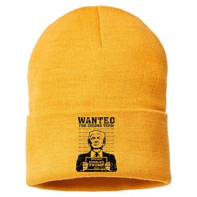 Trump Mugshot 2024 President Wanted For Second Term Sustainable Knit Beanie