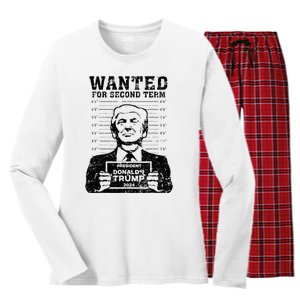 Trump Mugshot 2024 President Wanted For Second Term Women's Long Sleeve Flannel Pajama Set 