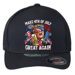 Trump Make 4th Of July Great Again Fireworks US Flag Men Drinking Beer Funny Flexfit Unipanel Trucker Cap