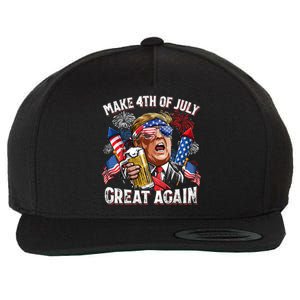 Trump Make 4th Of July Great Again Fireworks US Flag Men Drinking Beer Funny Wool Snapback Cap