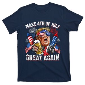 Trump Make 4th Of July Great Again Fireworks US Flag Men Drinking Beer Funny T-Shirt