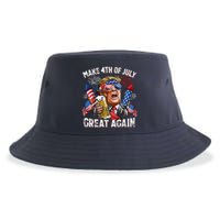 Trump Make 4th Of July Great Again Fireworks US Flag Men Drinking Beer Funny Sustainable Bucket Hat