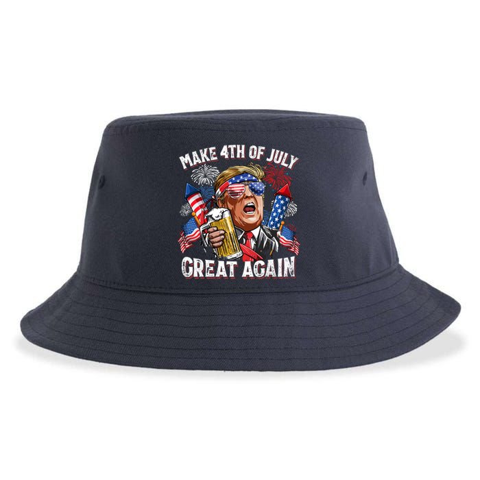 Trump Make 4th Of July Great Again Fireworks US Flag Men Drinking Beer Funny Sustainable Bucket Hat