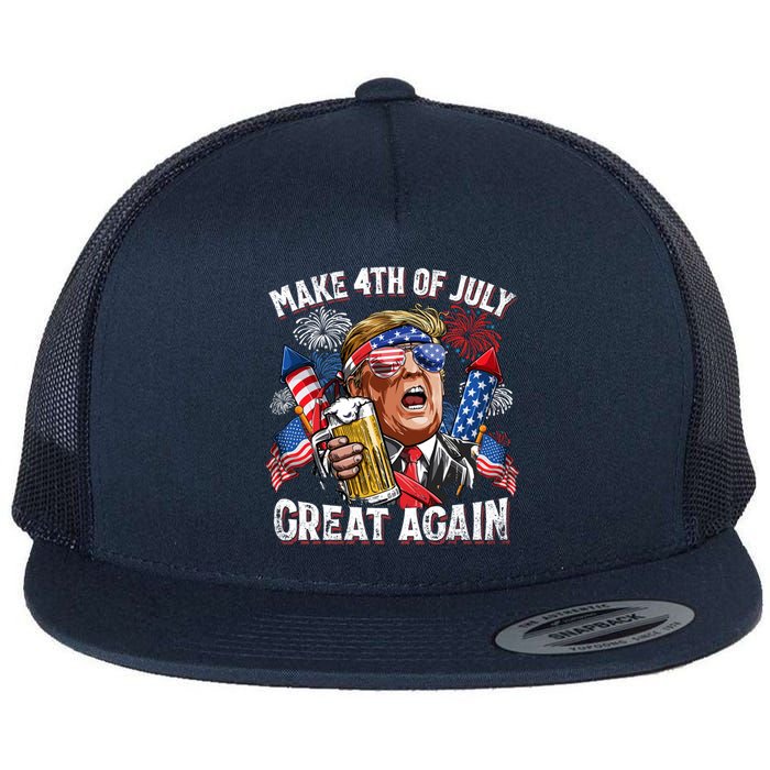 Trump Make 4th Of July Great Again Fireworks US Flag Men Drinking Beer Funny Flat Bill Trucker Hat