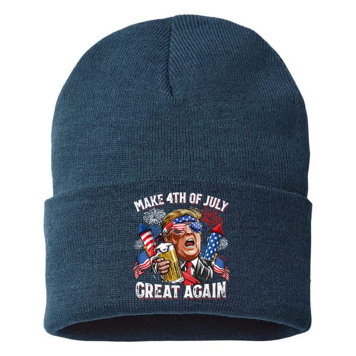 Trump Make 4th Of July Great Again Fireworks US Flag Men Drinking Beer Funny Sustainable Knit Beanie